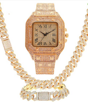 Golden Watch with Bracelet  & Necklace for men and women